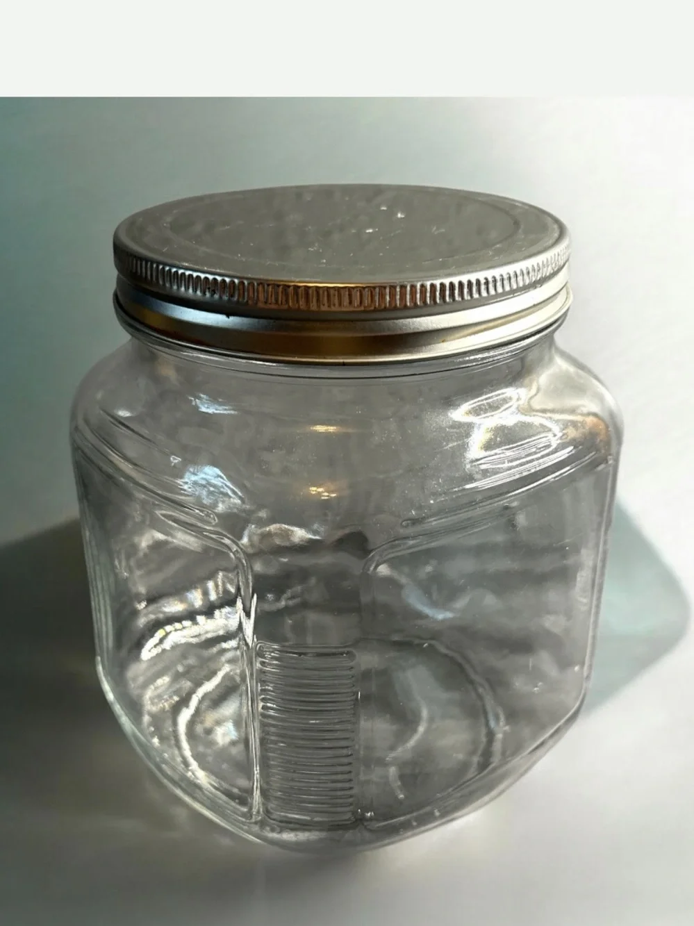 Vintage Clear glass square jar ribbed sides with lid 6X4 inch